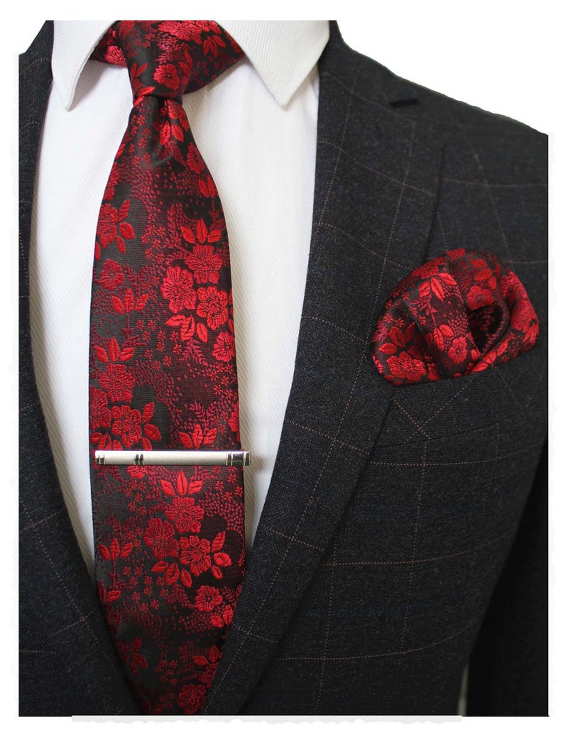 JEMYGINS Silk Red Floral Necktie and Pocket Square, Hankerchief and Tie Bar Clip Sets for Men (1) - Image 1